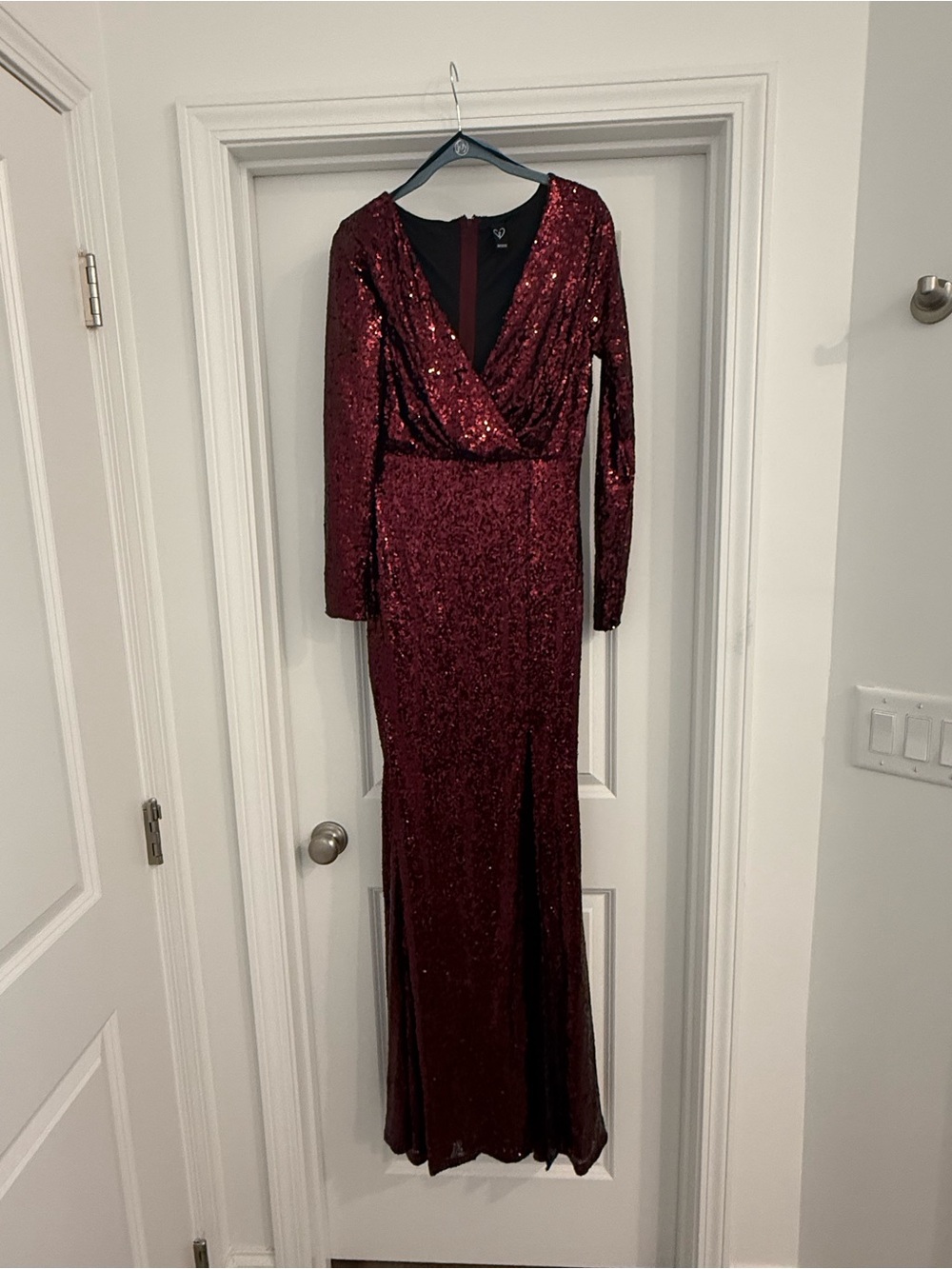 Long Burgundy Sequin Wrap-Front Evening Dress